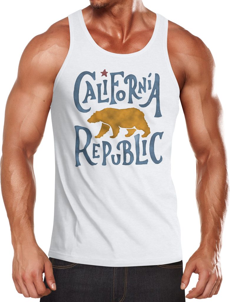 Herren Tank Top California Republic Bär Grizzlybär Kalifornien Slimfit Neverless weiß-blau L