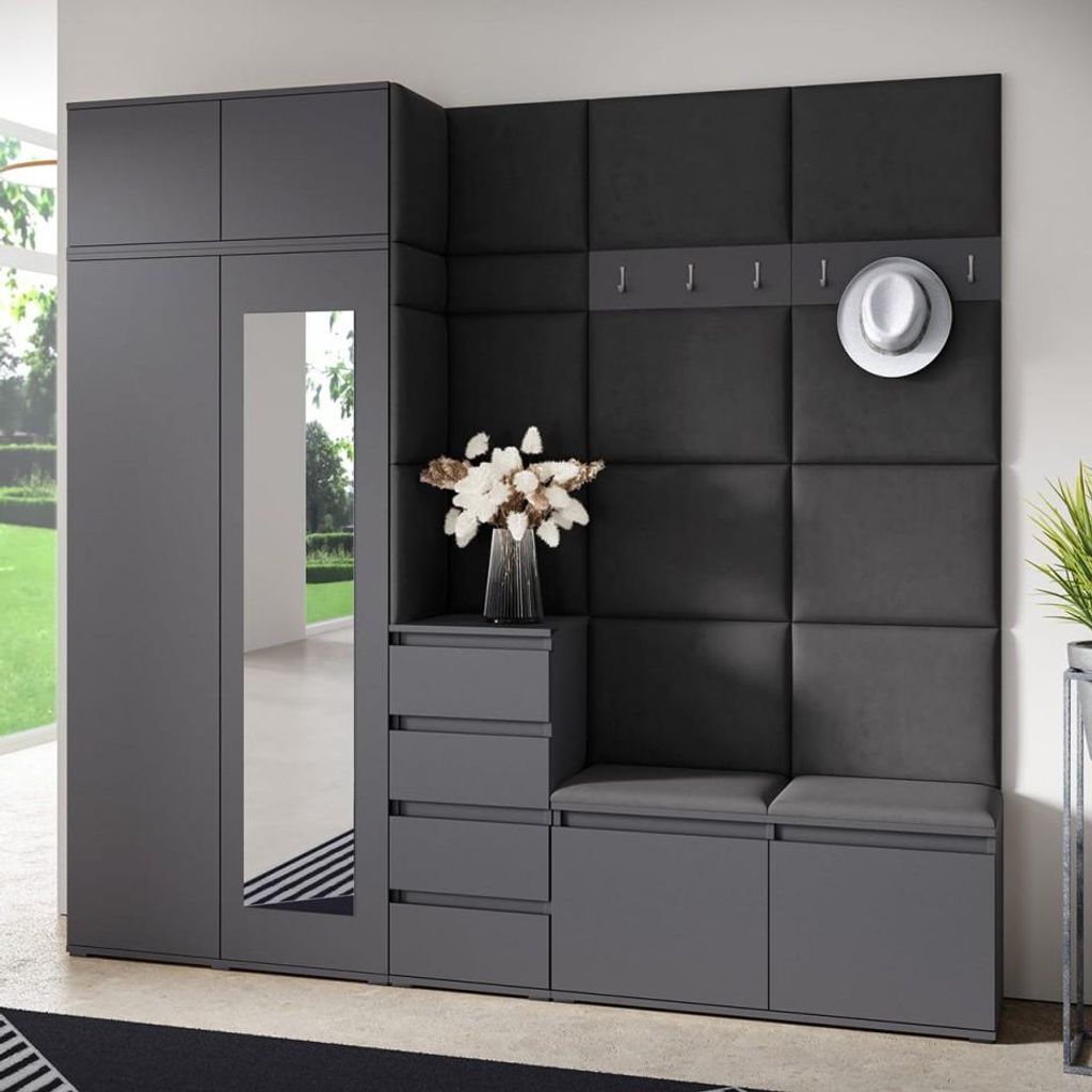 Garderoben-Set BERLIN – Kleiderschrank mit Polsterplatten, Schuhschrank und Schrankaufsatz 90 cm, für Flur und Eingangsbereich (Graphite, Trinit...