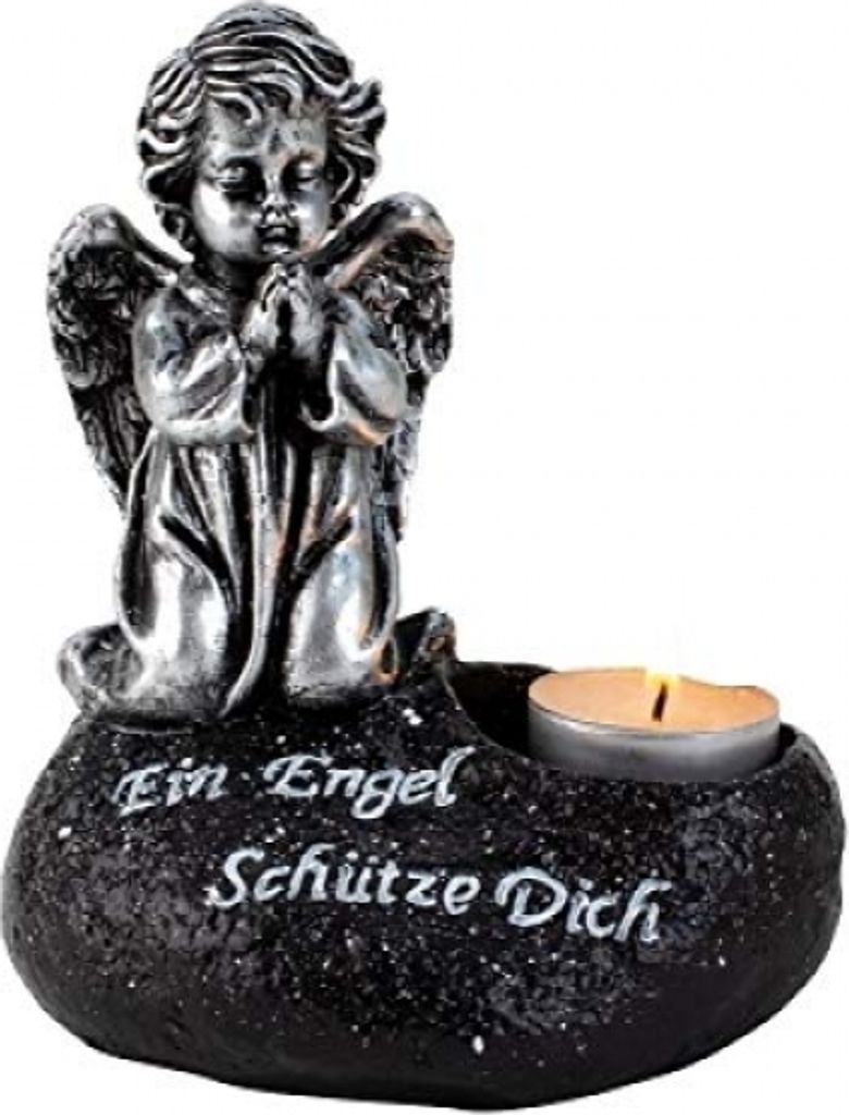 Grabengel stehend auf Stein mit Spruch und Kerze scharz/Silber 15,5x13 cm