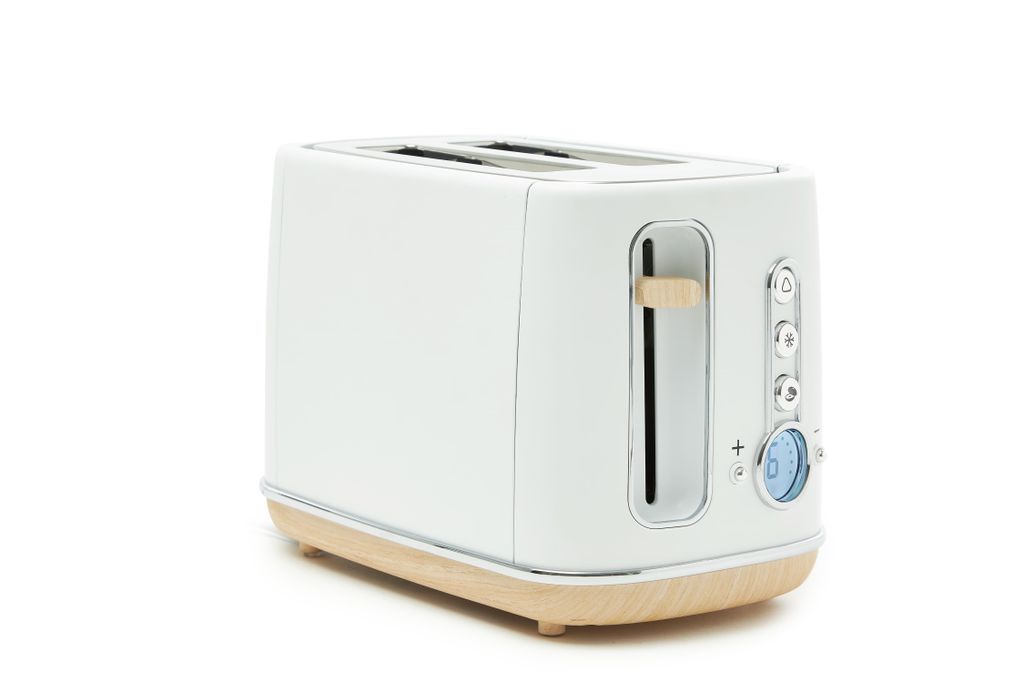 A white toaster with wood accents on a white background.