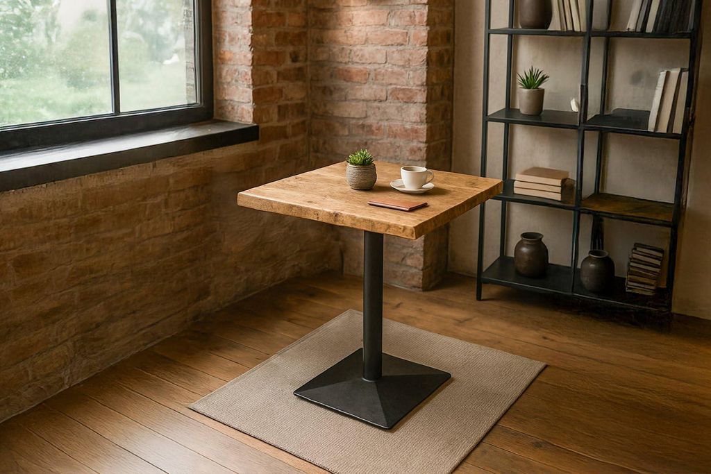 Bistrotisch INES | 60 x 60 cm | Akazienholz massiv | Farbe: Natur | echte Baumkante | Säulen-Gestell Metall Schwarz | Baumkantentisch/Säulentisch...