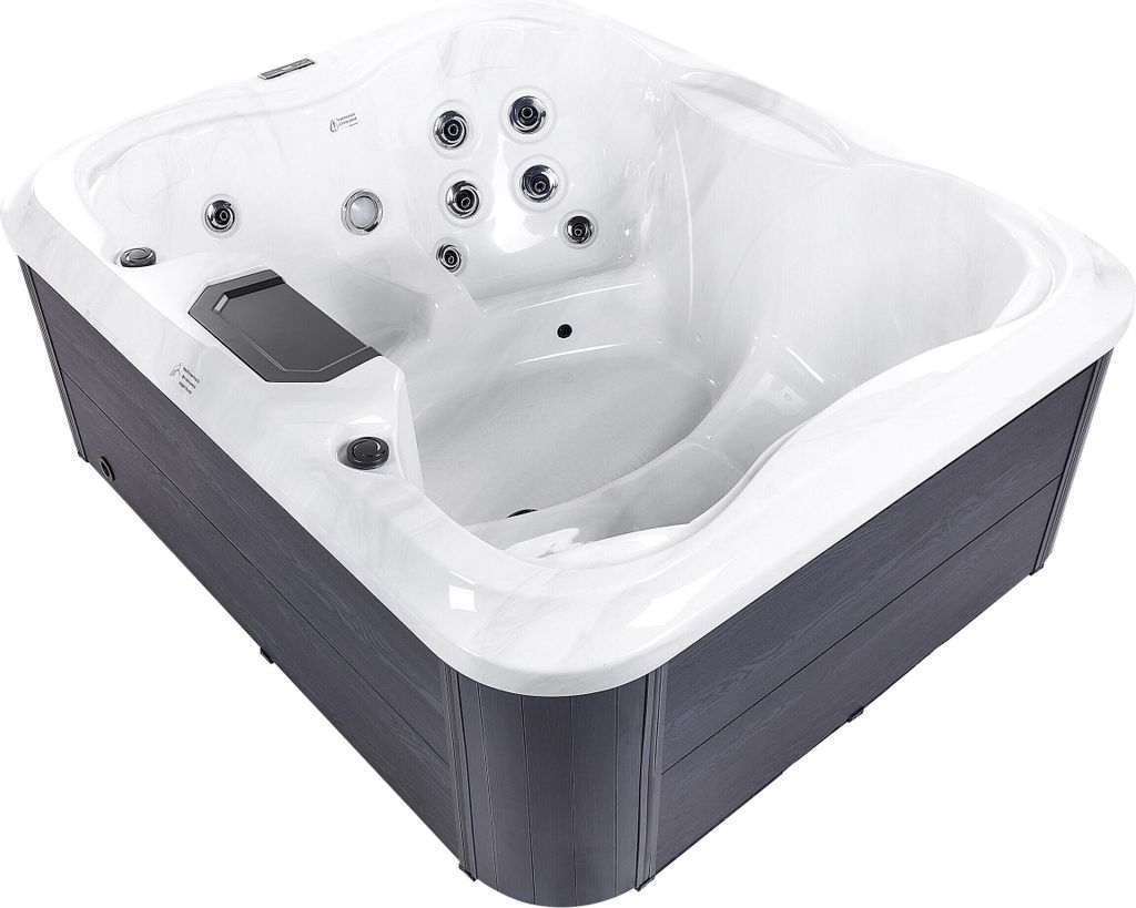 BELIANI Outdoor Whirlpool Weiß Acryl und Aluminium Rechteckig 180 x 215 cm mit LED Hydromassage Schutzhülle für 4 Personen Garten Draußen Terrasse