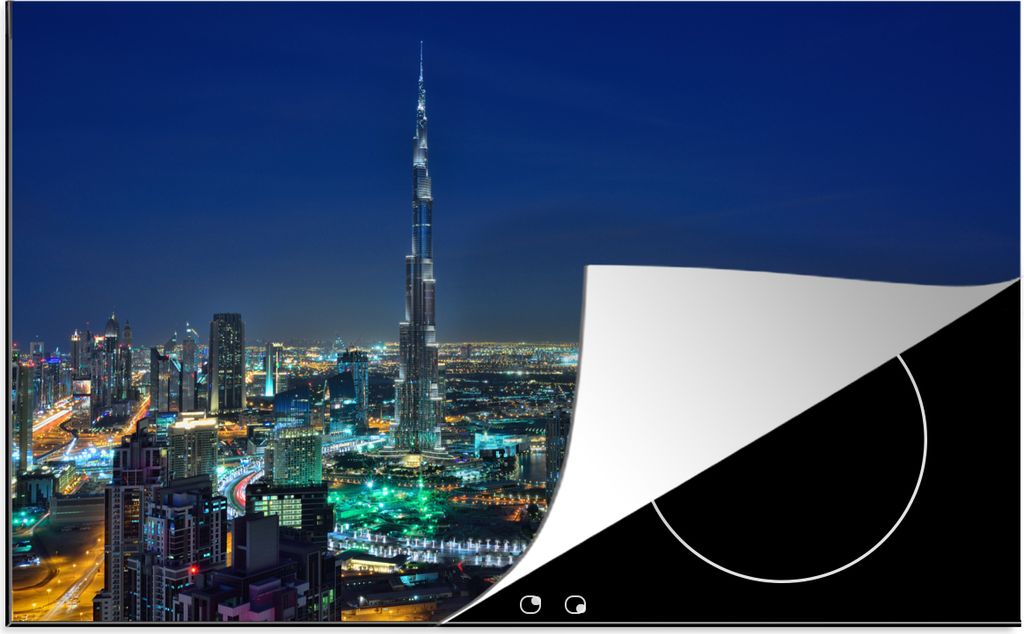 KitchenYeah Herdabdeckplatte Dubai und der Burj Khalifa am Abend beleuchtet , 81x52cm, Küche Deko, Glaskeramikfeld Herdabdeckung, Abdeckplatte f...