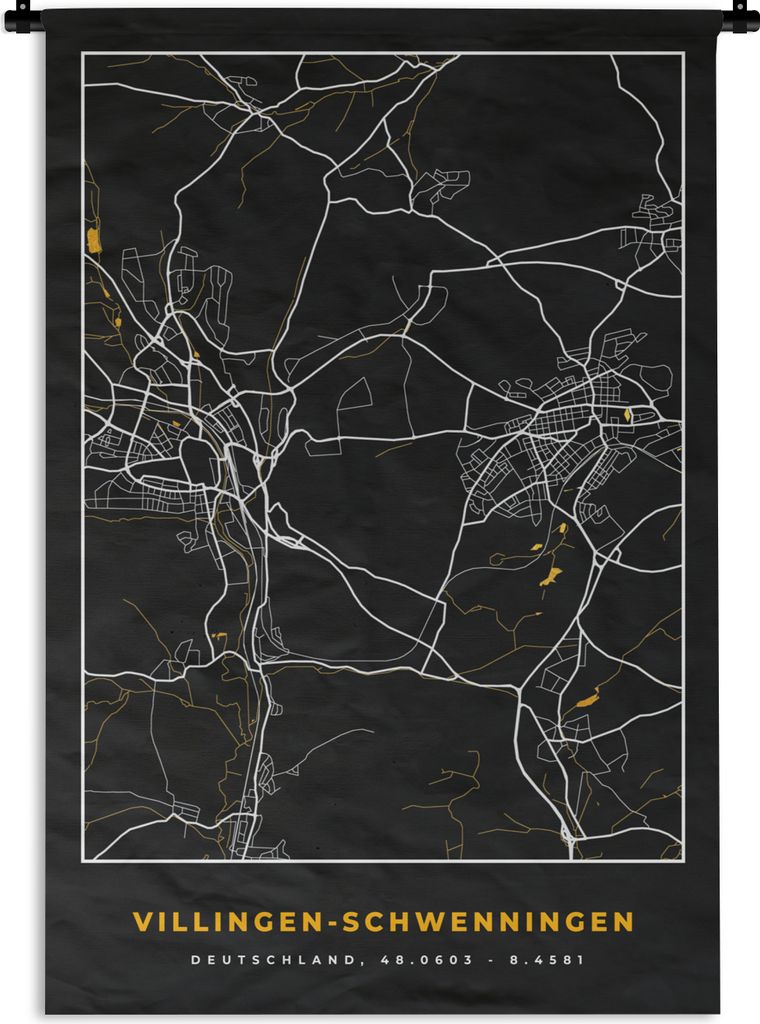 MuchoWow Wandteppich Wandbehang Schwarz und Gold - Stadtplan - Villingen Schwenningen - Deutschland - Karte 120x180 cm Tapisserie Dekoration Wand...