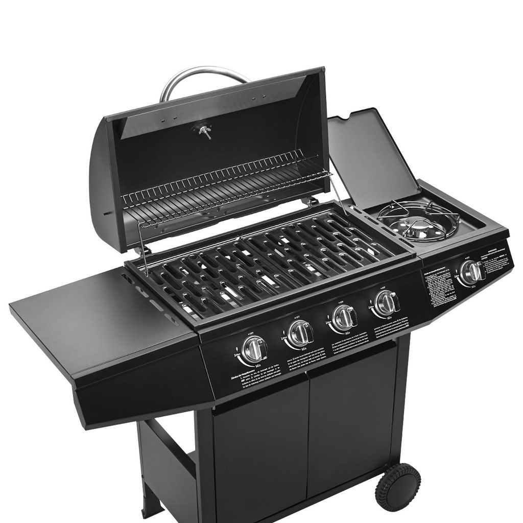 A black gas grill with its lid open, showing the cooking grates and a side burner.
