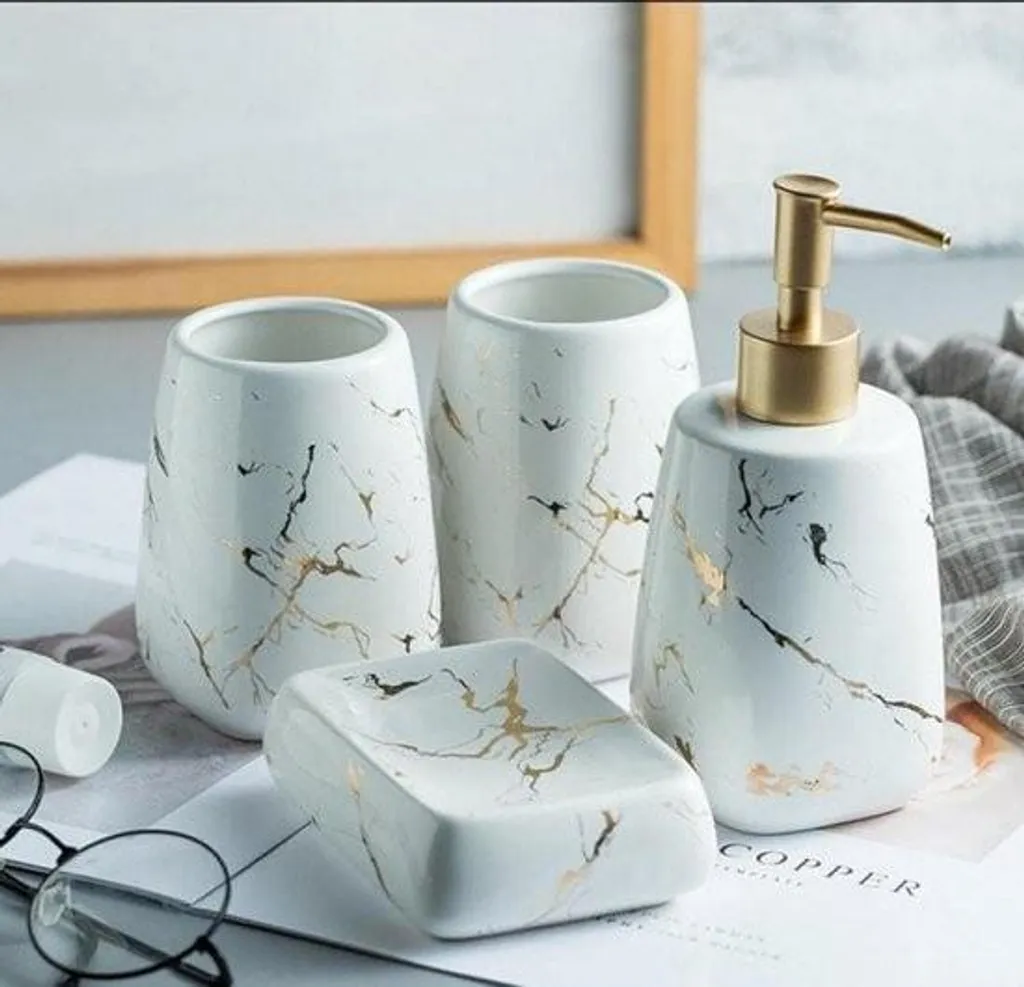 Set de salle de bain 4 pièces motif marbre blanc en céramique de luxe