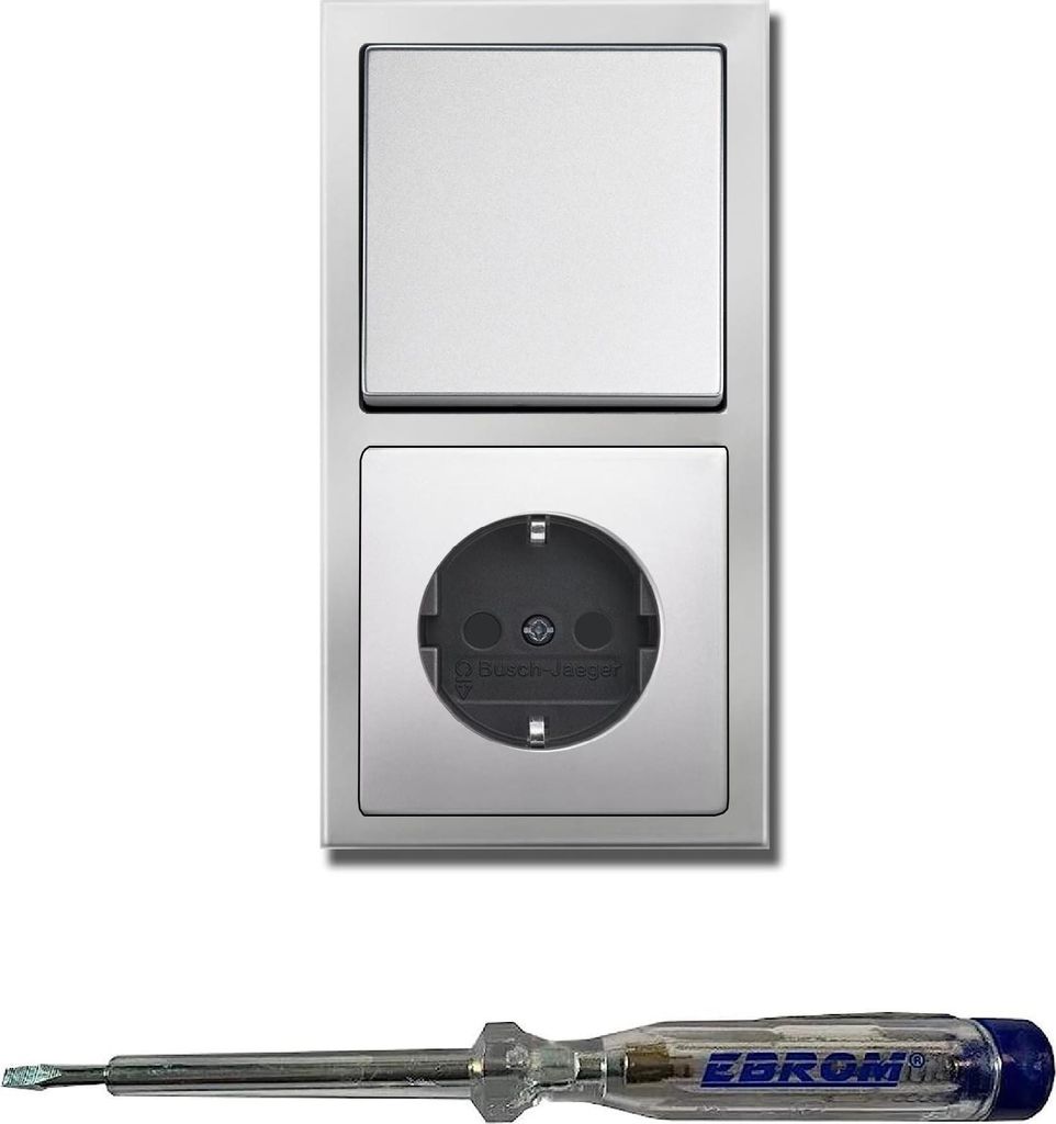Busch Jäger Lichtschalter Wechselschalter AN/AUS 2000/6 US und Steckdose 20EUC-866 im 2-fach Rahmen in PUR EDELSTAHL inklusive EBROM Phasenprüfer...