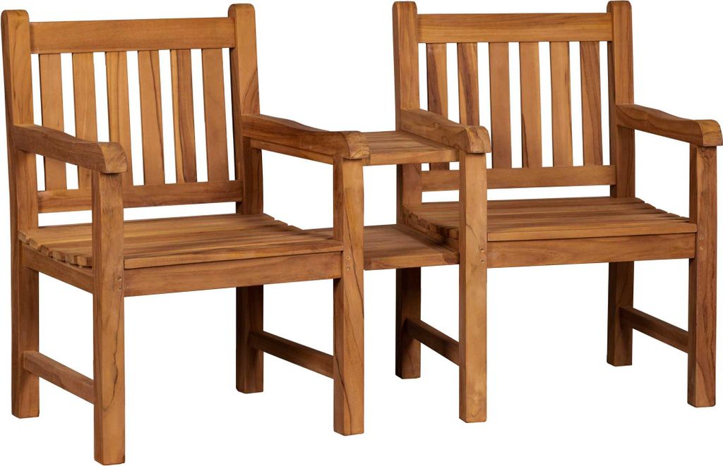A wooden garden bench with two seats and a small table in between, shown against a white background.
