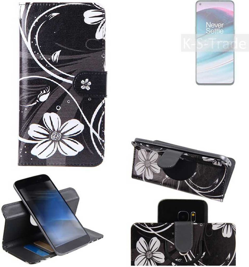 K-S-Trade Schutzhülle Handyhülle kompatibel mit OnePlus Nord CE 5G Hülle 360° Wallet Case ''Flowers'' Klapphülle Hülle schwarz-weiß 1x