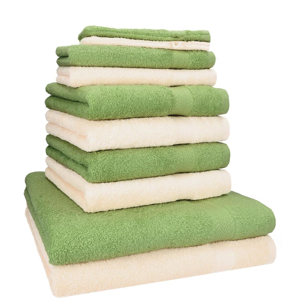 Betz 10-tlg. Handtuch-Set PREMIUM 2 Duschtücher 4 Handtücher 2 Gästetücher 2 Waschhandschuhe Farbe: beige & apfel grün