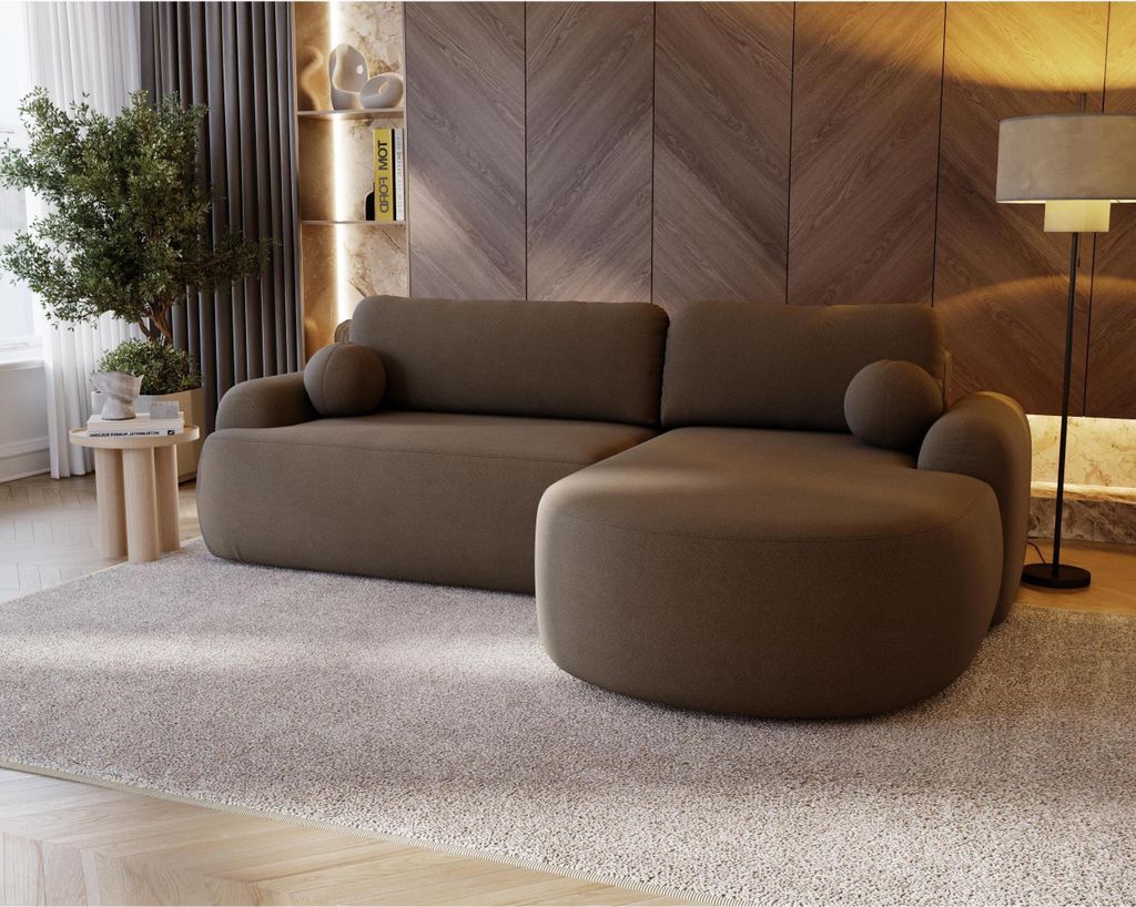 Ecksofa CLOUD L mit Schlaffunktion Eckcouch L-Form Bouclé modernes Sofa fürs Wohnzimmer, Farbe: Braun (Lambi 04), Seite: rechts