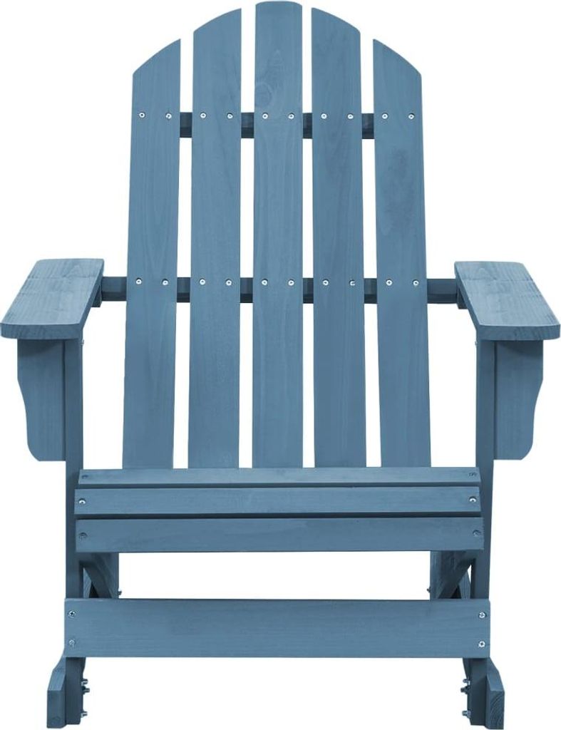 A front view of a blue Adirondack chair against a white background.
