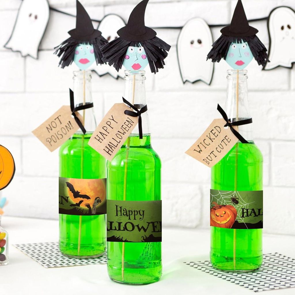 Halloween Wasserflaschen Etiketten - 50 Stück Klassische Grüne Retro Weinaufkleber für Partygeschenke und Dekorationsbedarf
