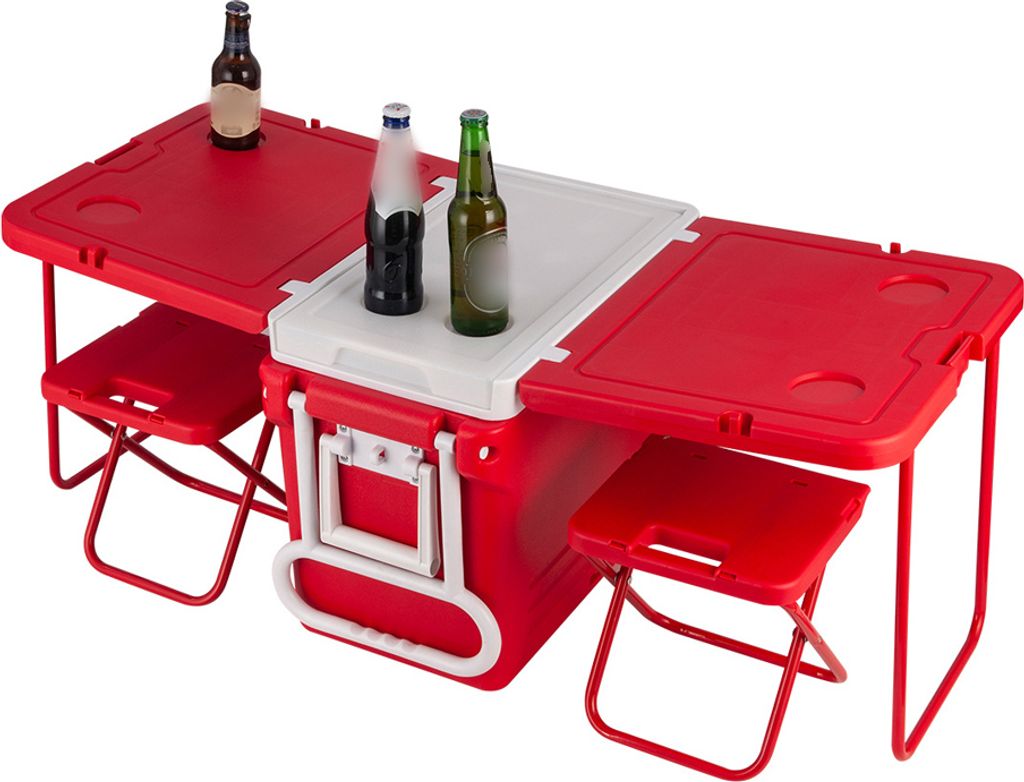 32L Rolling Cooler Eistruhe Camping Outdoor Picknick Tragbare Waermeisolationsbox mit Tisch und Stuhl