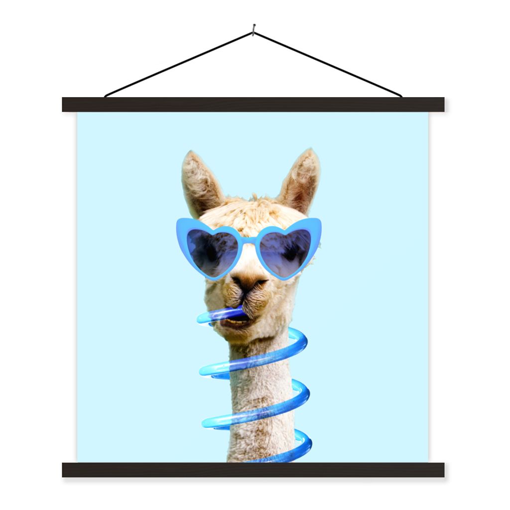 MuchoWow Textilposter Lama - Sonnenbrille - Blau - Tier 60x60 cm mit schwarzem Rahmen - Posteraufhänger