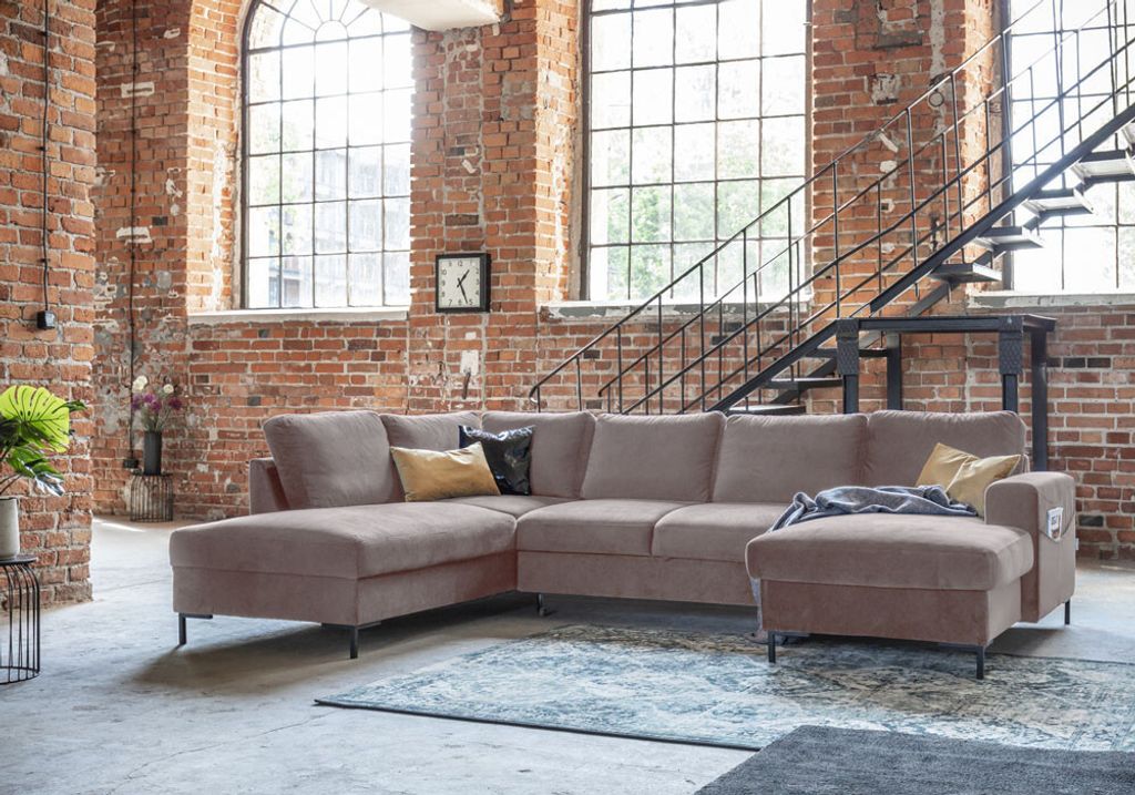 MIUFORM Lofty Lilly - Ecksofa mit Bettfunktion und Bettkasten U-FORM LINKS - 303 x 197 cm - Velours Dunkelbeige - Sofa Schlafsofa Couch