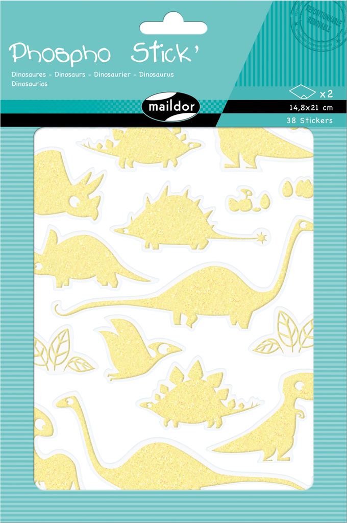 Maildor 10x Phospho' Stick, 2 Stickerbogen 14,8x21cm Dinosaurier Neongelb AE105O