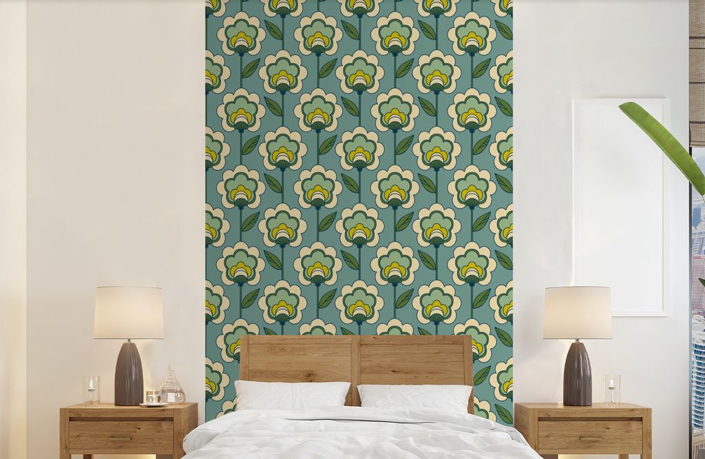 MuchoWow Fototapete für Wohnzimmer oder Schlafzimmer Wandtapete Vinyl Motivtapete Retro - Design - 1970er Jahre - Blume - 150x240 cm - Tapeten
