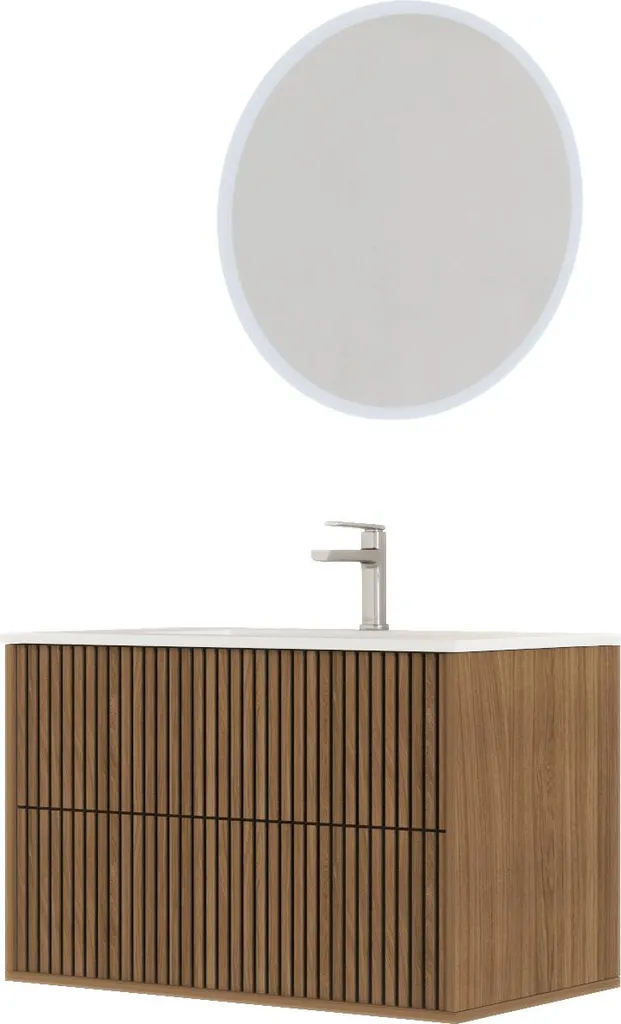 Meuble Salle de Bains YUKI 60 - 2 Tiroirs Chêne et Noir avec Miroir LED