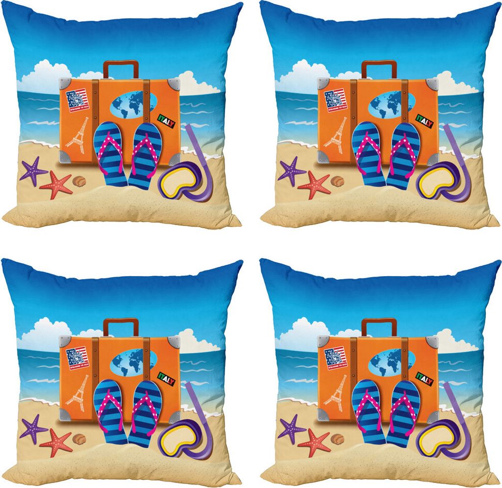 ABAKUHAUS Flip Flops Kissenbezug Set (4 Stück), 3D-Reise-Koffer, Moderner Doppelseitiger Digitaldruck, 60 cm x 60 cm, Mehrfarbig