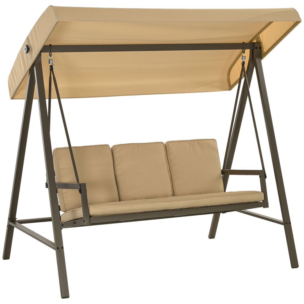 Outsunny Hollywoodschaukel 3-Sitzer Schaukelbank mit Verstellbarem Dach, Schwingbank mit Rückenkissen, Gartenschaukel bis 360 kg Belastbar, Beige,...