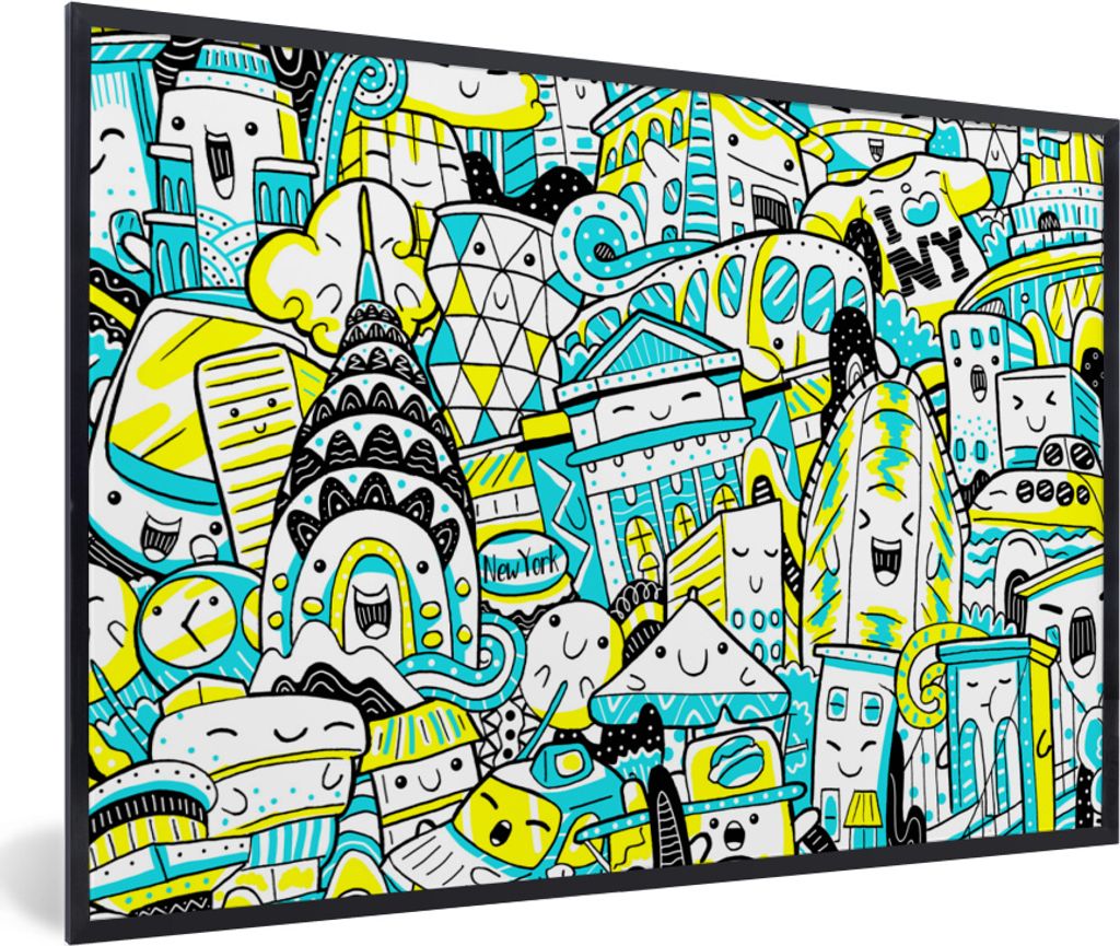 MuchoWow MuchoWow Gerahmtes Poster New York - Blau - Gelb 90x60 cm - Poster mit zchwarzem Bilderrahmen - Fotorahmen - Foto-Plakat