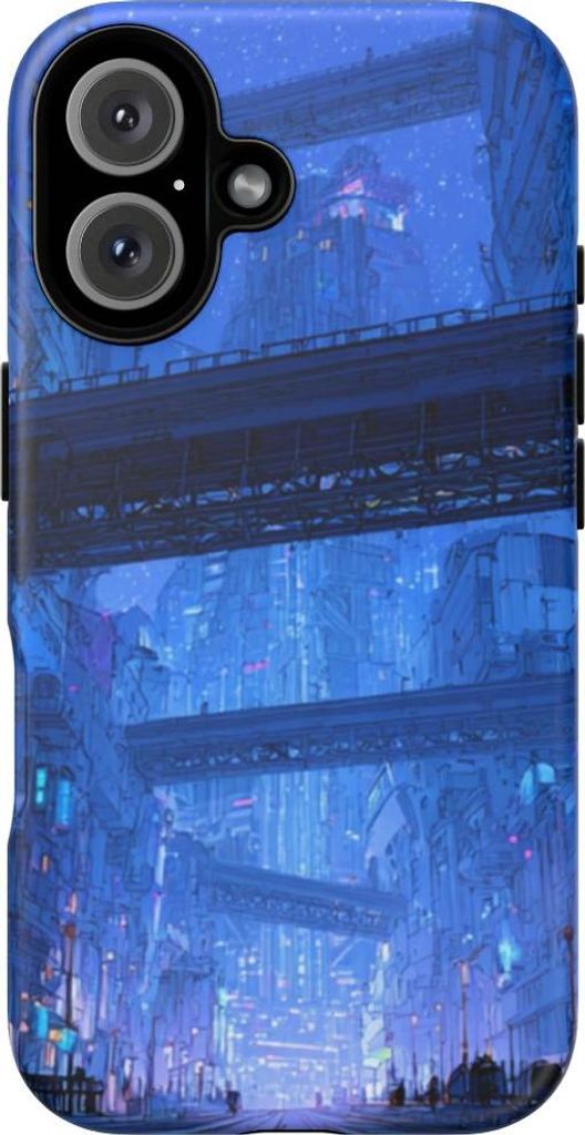 Futuristische blaue Großstadt – Hülle Kompatibel mit iPhone 16