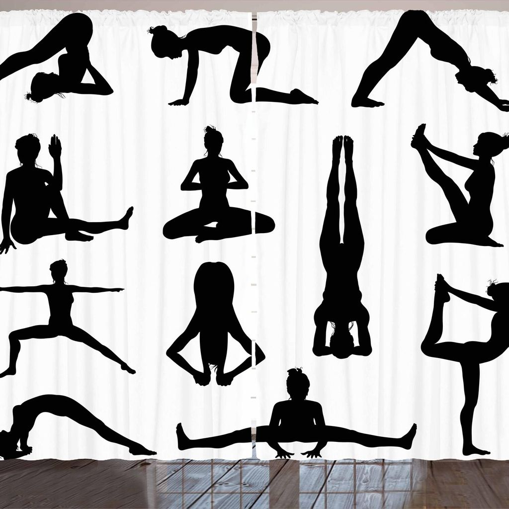 ARANDE Yoga Gardine, Verschieden Yoga Und Pilates Pose Silhouette Asanas Prayanama Form Position Wellness, 280 x 225 cm, Weiß Schwarz