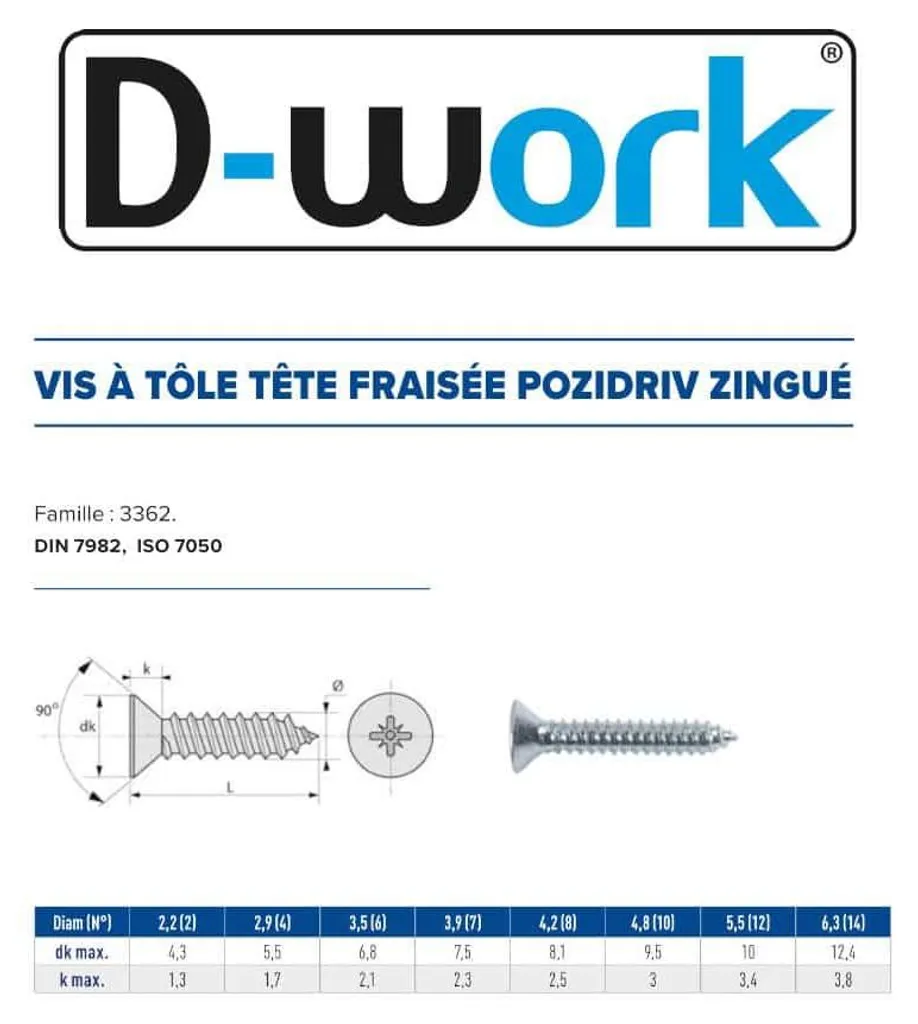 Vis à Tôle 3.5x19 mm pour Menuiserie et Métallerie Boîte de 1000 D-Work