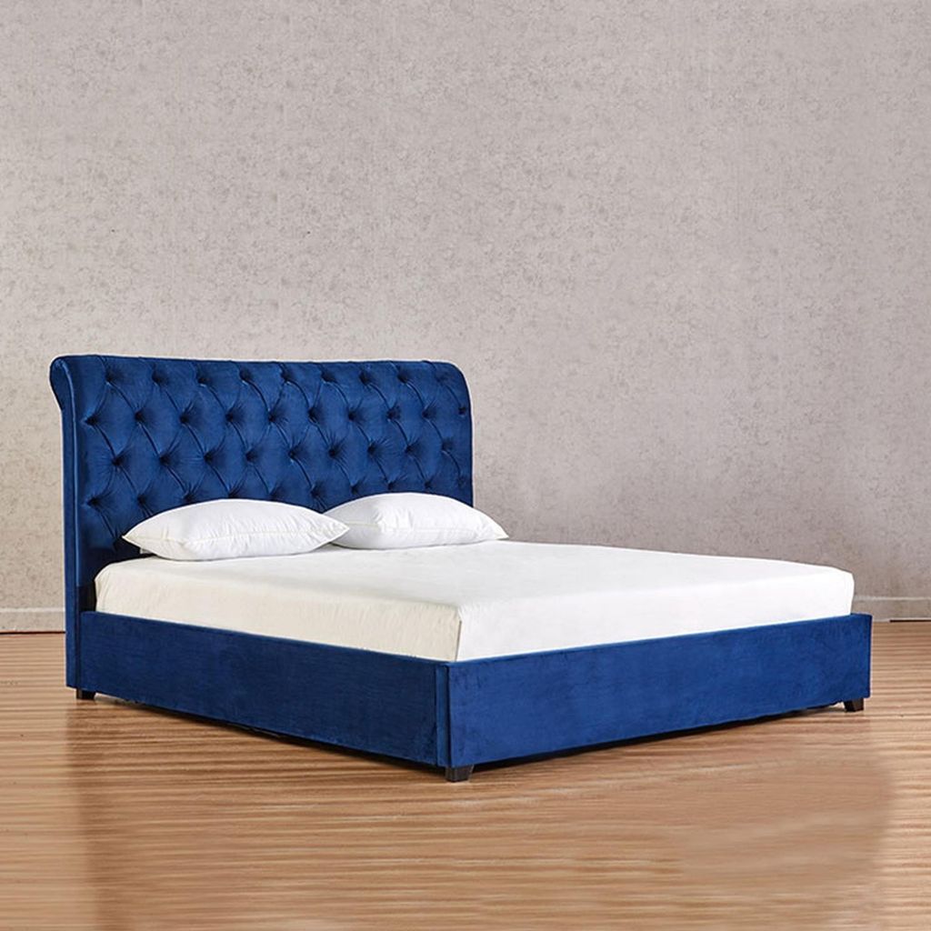 Blaue Schlafzimmer Betten Polster Bett Chesterfield Textil Stoff Neu jvmoebel