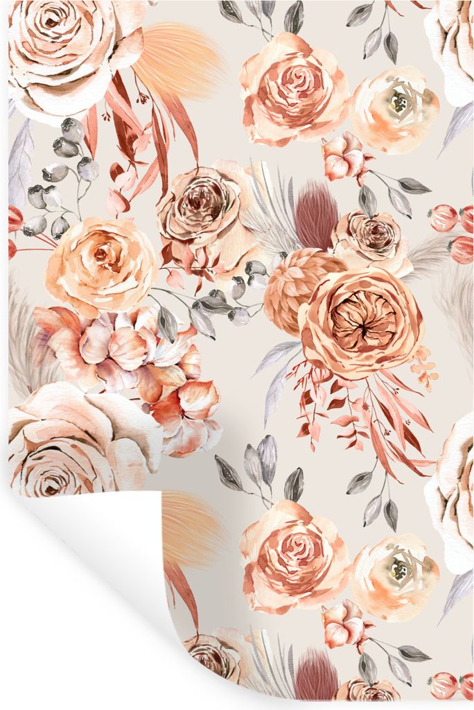 MuchoWow Wandtattoo Wandsticker Wandaufkleber Blumen - Braun - Grau 60x90 cm Selbstklebend und Repositionierbar - Sticker - Dekorfolie