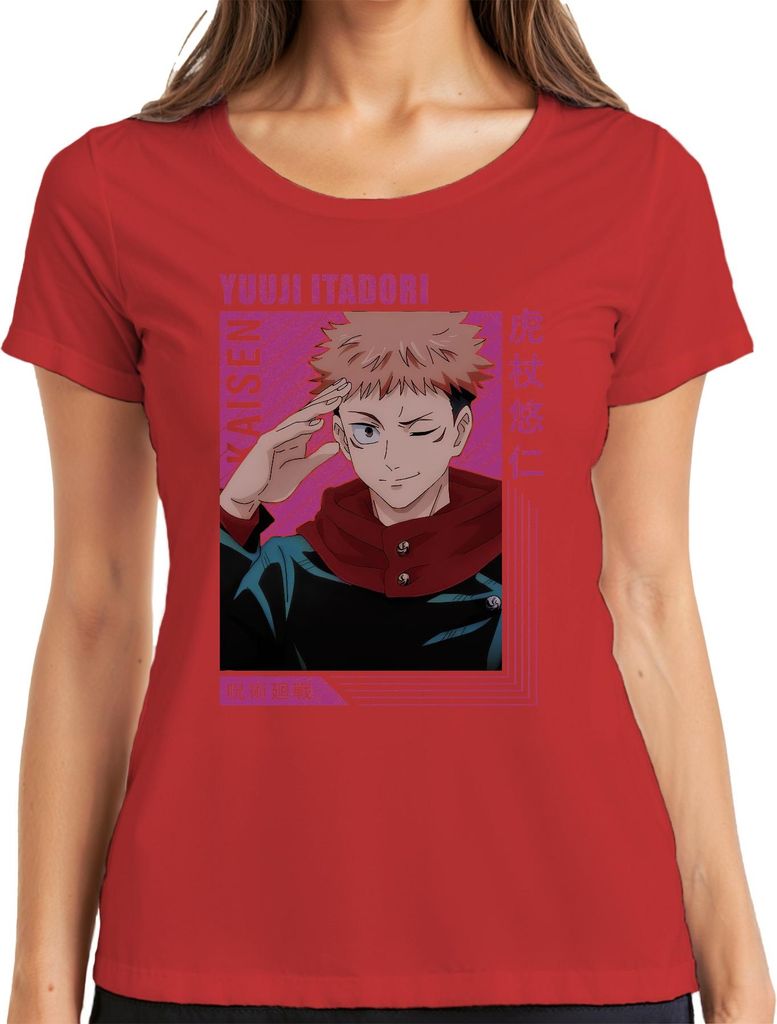Jujutsu Kaisen Yuji Itadori Anime Manga Geschenk Fan Retro Damen T-Shirt, Rot, L