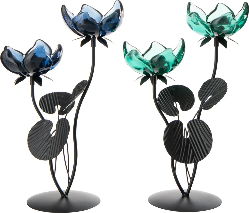 Photophore Fleur pour Déco de Table Mariage ou Salon Vert Bleu Fer