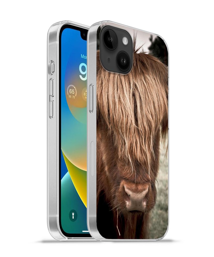 MuchoWow Handyhülle Schutzhülle Hülle für Apple iPhone 14 Plus - Soft case Schottischer Highlander - Baum - Gras Silikon Softcase Handy Hüll...