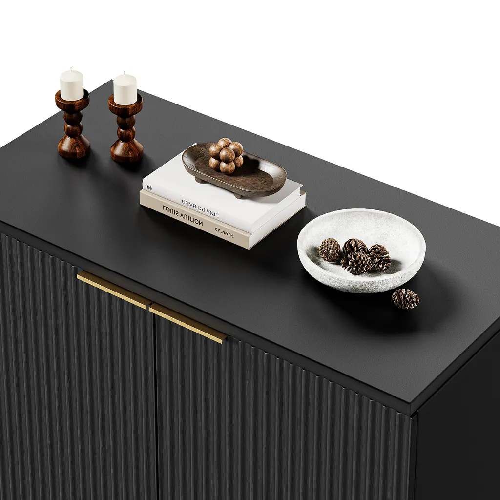 Buffet noir à façade plissée avec poignées en métal chic - Modèle Orion - 9