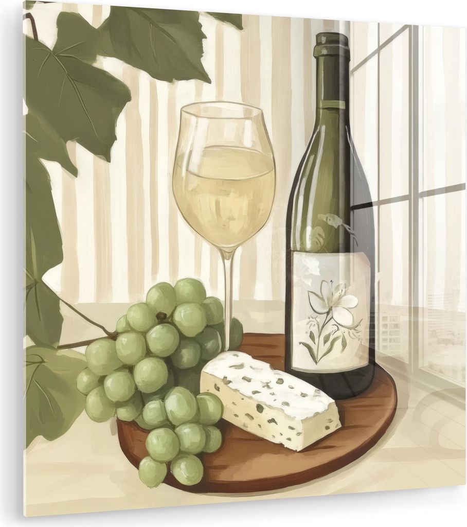 MuchoWow Glasbilder - Bilder auf Wandbild - Foto auf Glas Wein - Trauben - Käse - Laub 90x90 cm Wanddekoration aus Glas - Acrylglasbild - Acrylbil...