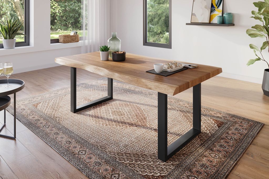 Esstisch 160 x 85 cm Akazie massiv natur Baumkantentisch U-Gestell schwarz ATLAS