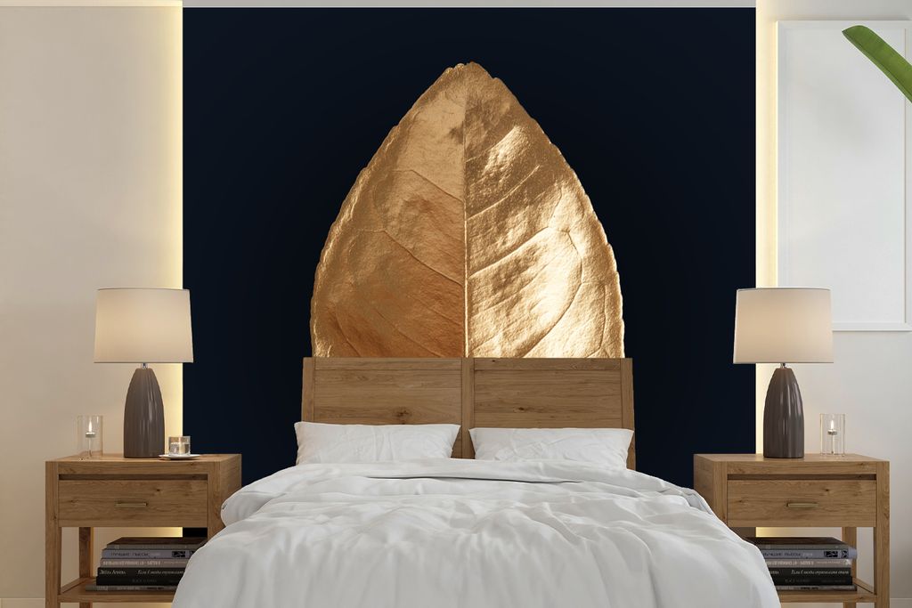 MuchoWow Fototapete für Wohnzimmer oder Schlafzimmer Wandtapete Vinyl Motivtapete Blätter - Luxus - Gold - 280x280 cm - Hintergrundbild