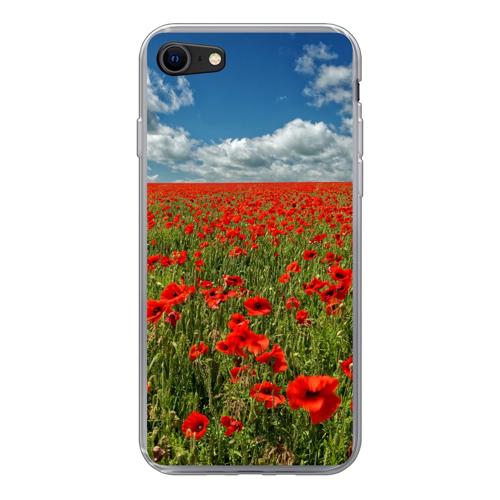MuchoWow Handyhülle Schutzhülle Hülle für iPhone 7 Schneeweiße Wolken über einem Mohnblumenfeld Silikon Softcase Handy Hülle - Kartenhalter