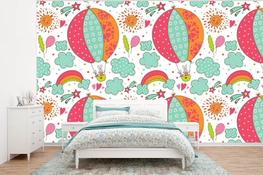 MuchoWow Fototapete für Wohnzimmer oder Schlafzimmer Wandtapete Vinyl Motivtapete Kaninchen - Schnittmuster - Baby - 400x300 cm - Papiertapeten