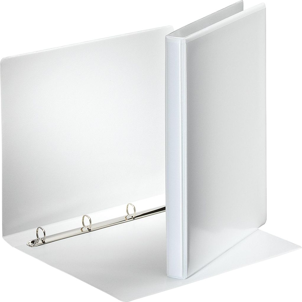 A white A4 presentation binder is shown open, with the rings visible.