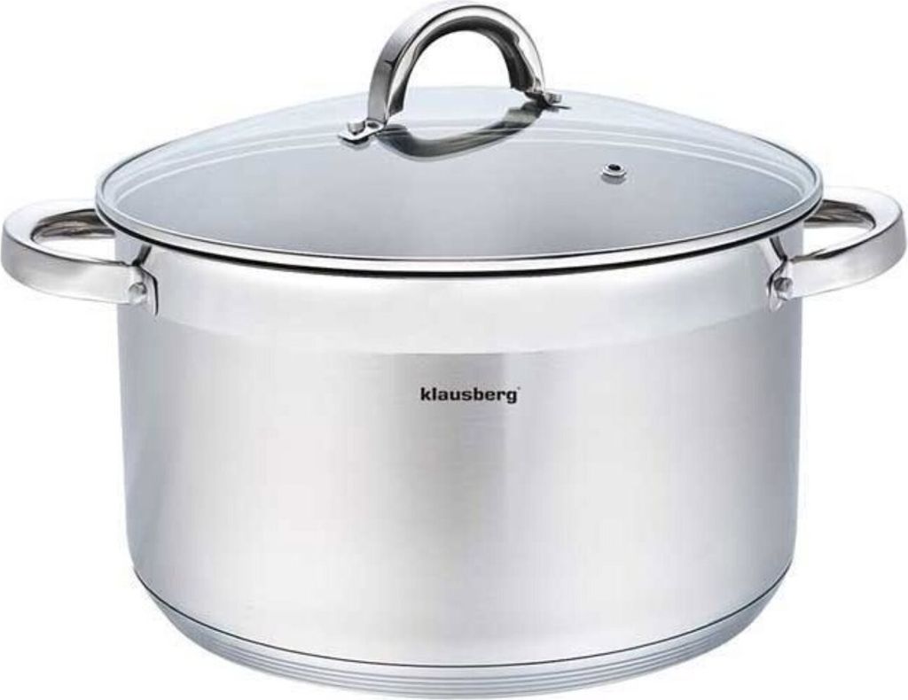 A stainless steel pot with a glass lid.