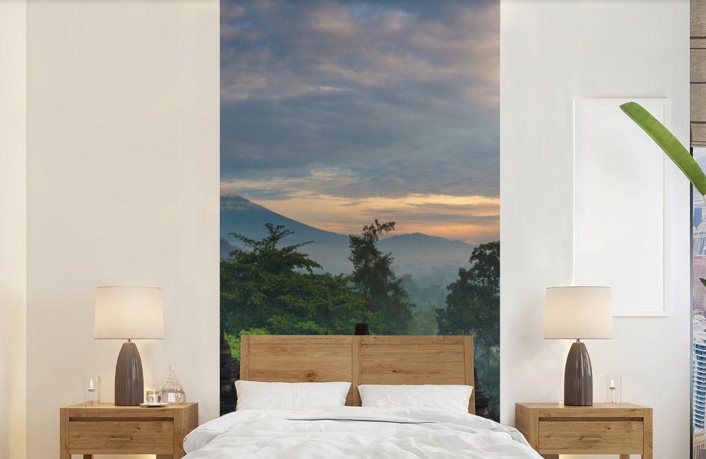 MuchoWow Fototapete für Wohnzimmer oder Schlafzimmer Wandtapete Vinyl Motivtapete Sonnenaufgang am Borobudur-Tempel in Indonesien - 120x240 cm -...