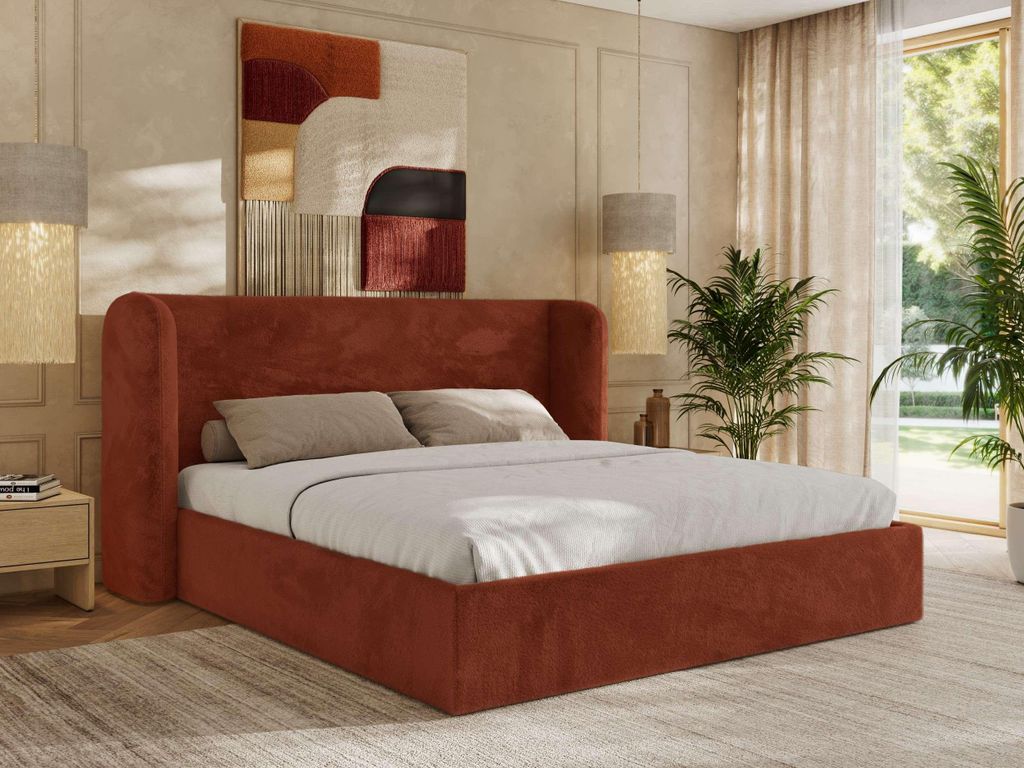 MKS MEBLE Doppelbett Polsterbett EMORA CLASSIC Bett Holzgestell hohes Kopfteil 200x200 Orange Plüsch