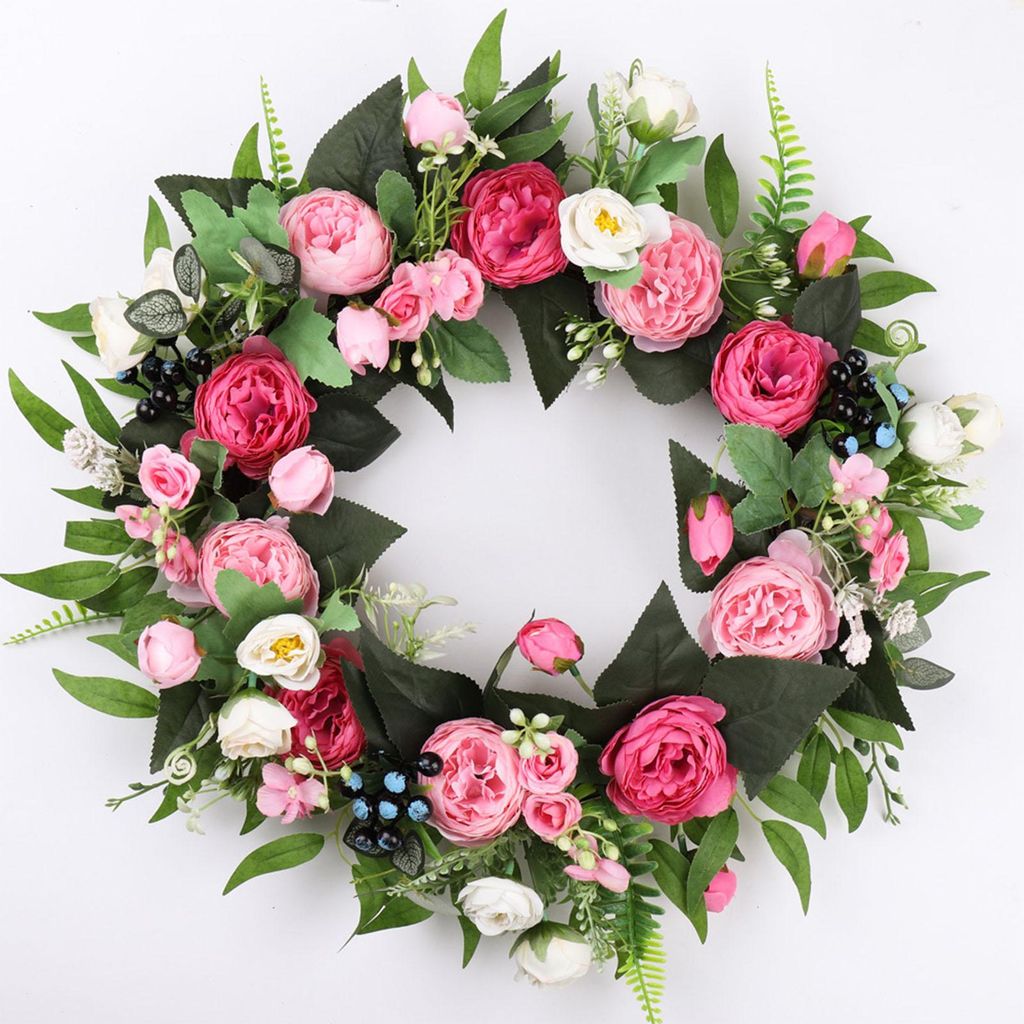 Künstlicher Pfingstrosenkranz, seidiger Stoff, schöne, lichtbeständige Blume für Tür, Hochzeit, Wanddekoration, rosa Stil