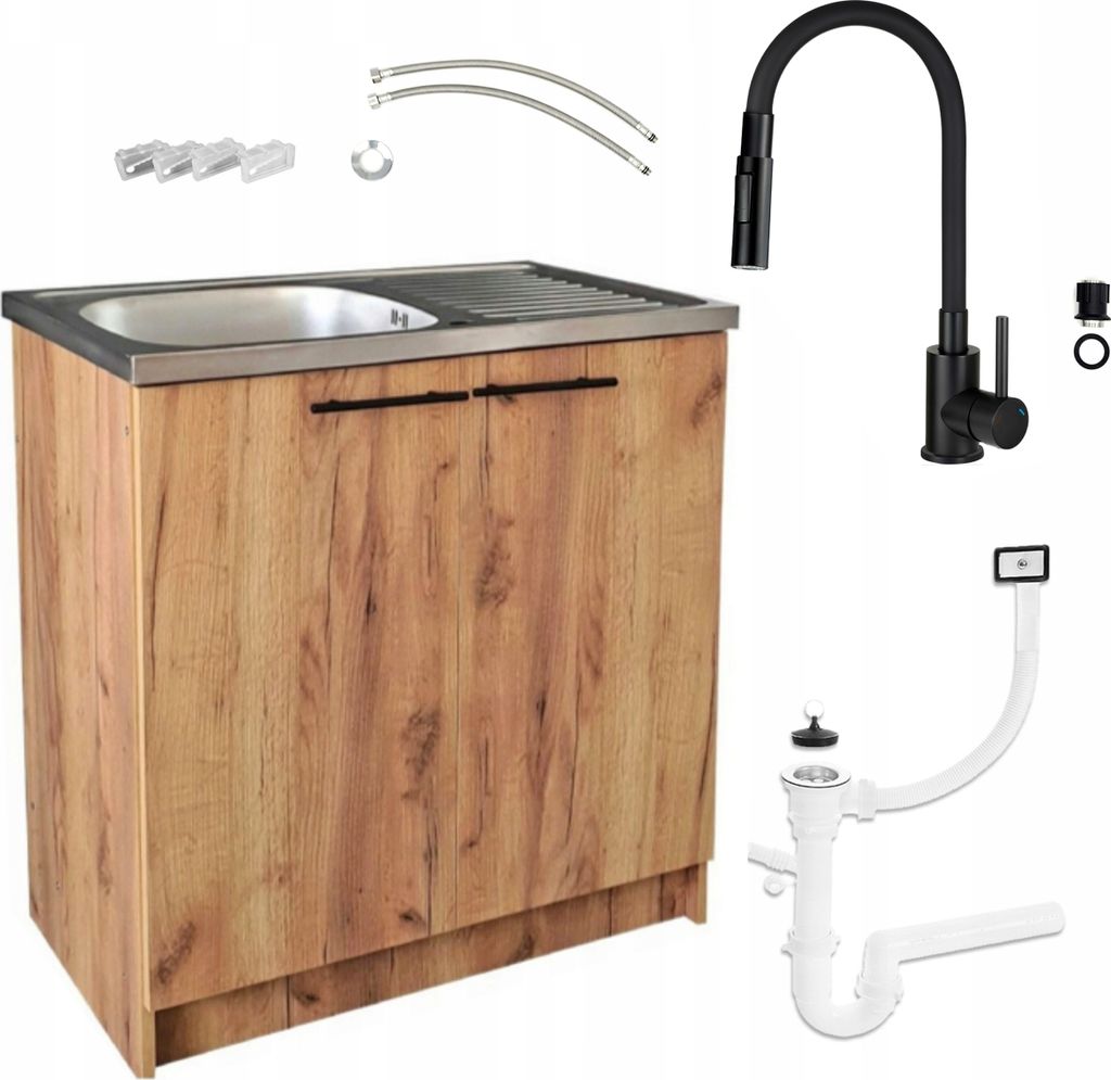 Küchenunterschrank Eiche Golden 80x50 mit Edelstahl Spüle Küchenarmatur Deante Schwarz Ausziehbar 2-Funktion Geschirrspüler-Siphon
