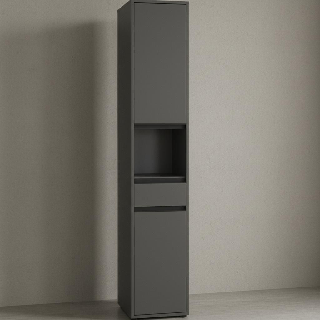 Badschrank HAMBURG Soft-Close & Schublade | 33x181x34 cm | Hochschrank Graphit | Badmöbel schmal | Germany | Kadima Design