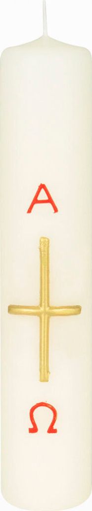 Hausosterkerze, Ostertischkerze 200 x Ø 40 mm Kreuz, A+O in Rot/Gold (Wachsauflage)