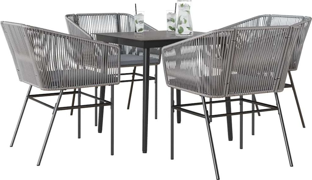 Möbel 5-tlg. Garten-Essgruppe mit Kissen Grau Poly Rattan Glas - Sitzgruppe 3334528