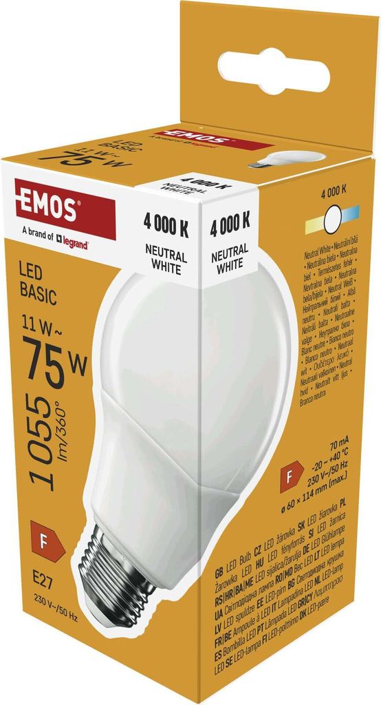 EMOS LED-Lampe BASIC A60, E27 Sockel, Neutralweiß, 1055 lm, 11W (Ersatz für 75W Glühbirne), Lebensdauer 20 000 h, ZL5F58